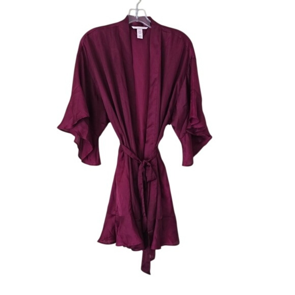 Victoria's Secret Magenta Satin Ruffle Robe XS/S Berry Pink Short Kimono Wrap